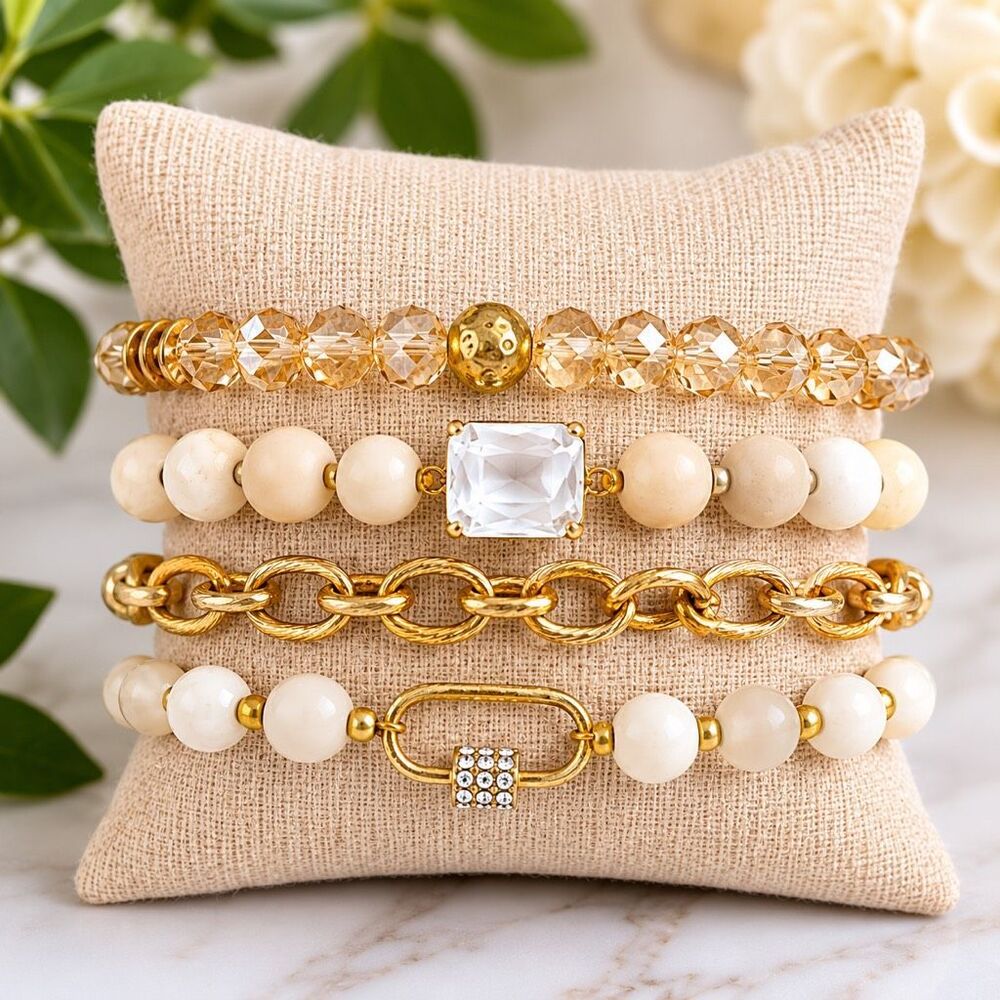 Neutral Beaded Bracelet Stack Set 4Pc Gold Tone Crystal Stretch Bracelets Boho